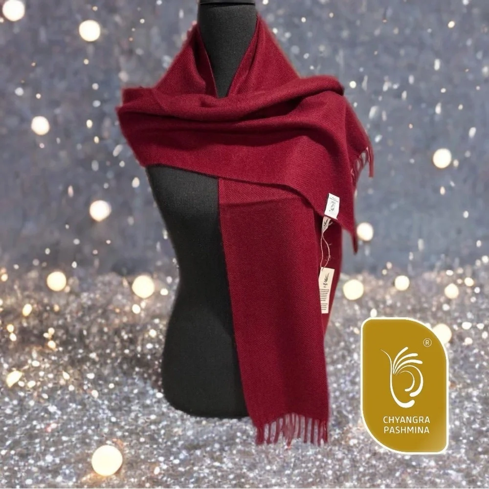 NWT Chyangra Pashmina 100% Pure 4-Ply Cashmere Scarf Handmade Nepal COA-WINE RED